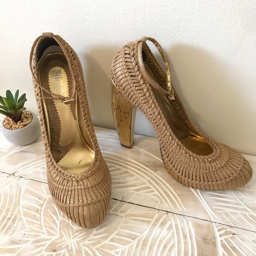 Zinc Josie Gold Cork Heels Platform Crochet Shoes Gem